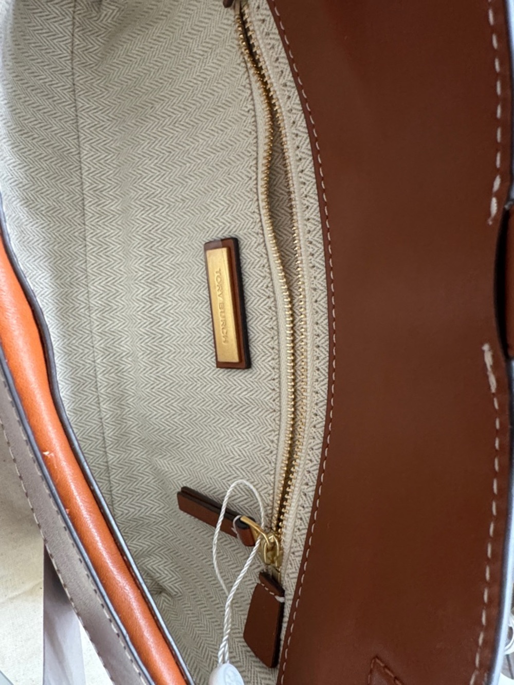 Tory Burch Cognac Leather Fold-Over Clutch with Signature Logo - Picture 3 of 4